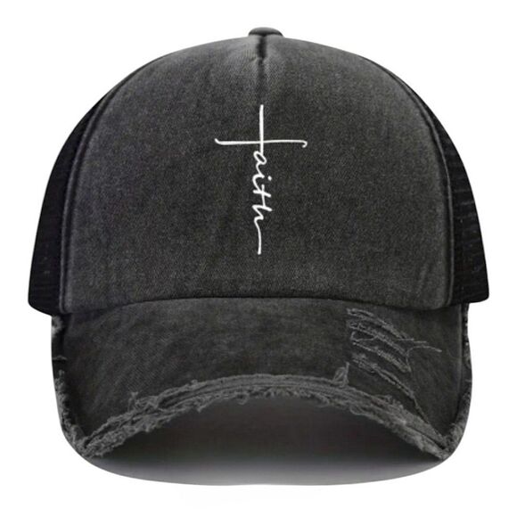 Distressed Black Faith Baseball Cap Hat - Picture 1 of 4